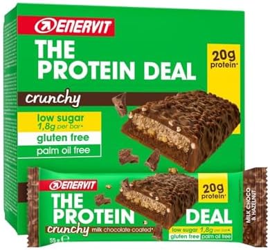 Enervit The Protein Deal Milk Choco & Hazelnut – Proteinriegel, Haselnuss und Milchschokolade, 20 g Protein, 1,8 g Zucker, leckerer und ausgewogener Snack, Glutenfrei, 12 Riegel à