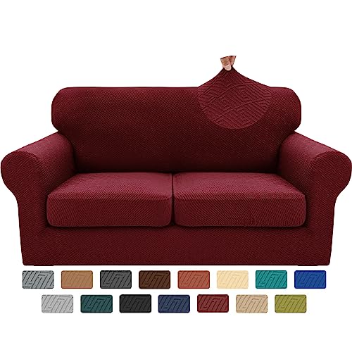 XINEAGE 2025 New 3 Pieces Couch Covers for 2 Cushion Sofa Super Stretch Loveseat Slipcover Pet Dog Universal Slip Cover Anti Slip Love Seat Furniture Protector (Wine Red, 55"-69")