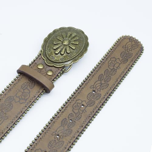 Western Belt for Women Cowgirl Cowboy PU Leather Belts for Jeans, Floral Embossed Vintage Buckle4