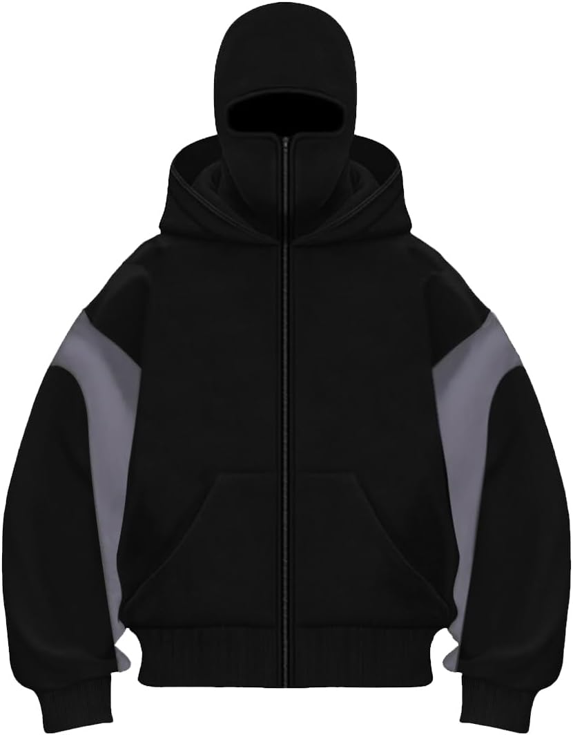 EUDOLAH Balaclava Jacket Zip Up Fashion Double Layer Hoodie Hip Hop Outerwear Jacket Y2K Clothing for Men and Women