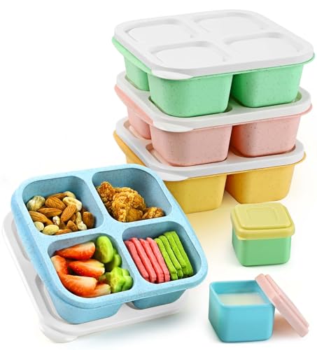 Image of Caperci Lunchable Snack Containers - 4 Compartments Bento Snack Boxes (4 Pack) with 2 Leakproof Sauce Cups, Reusable Divided Food Containers for School, Work, Travel (Vintage Colors)
