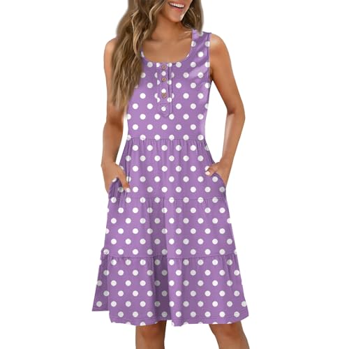 Kleid Damen Sommer Kurz A Linie Punkte Sommerkleid Damen Elegant Rüschen Kleider Ärmellos Mit Taschen Damenkleider Gepunktet Schicke Sommerkleider...