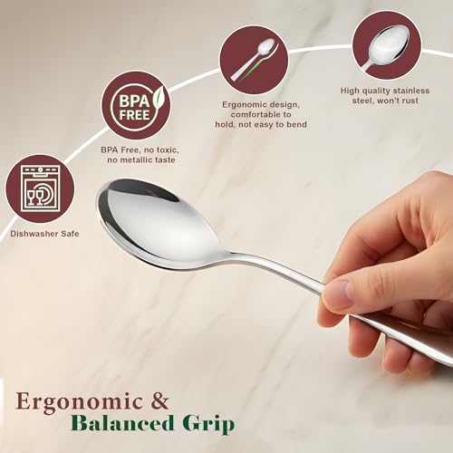 Parage 12 Pieces Stainless Steel Table Spoons Set with Round Edge, 18.5 cm, Tableware, Set of 12, Silver