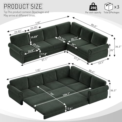 Image of KCGKCG 118 inch Sleeper Sofa Bed, Sectional Couches for Living Room /Apartment, Chenille L Shaped Couch with Pull Out Couch Bed, Convertible Sectional Sofa with Rolled Arm & Nailhead Trim, Green