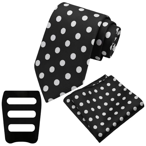 Mantieqingway Polka Dot Tie Sets for Men Black Tie and Handkerchief with Pocket Square Holder for Wedding Graduation Dinner