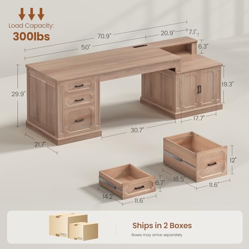 Image of SEDETA Farmhouse 70.9 inch Executive Desk, Home Office Desk with File Drawers and Storage Cabinet, Computer Desk with Power Outlet for Home Office, Work Study Writing, Oak
