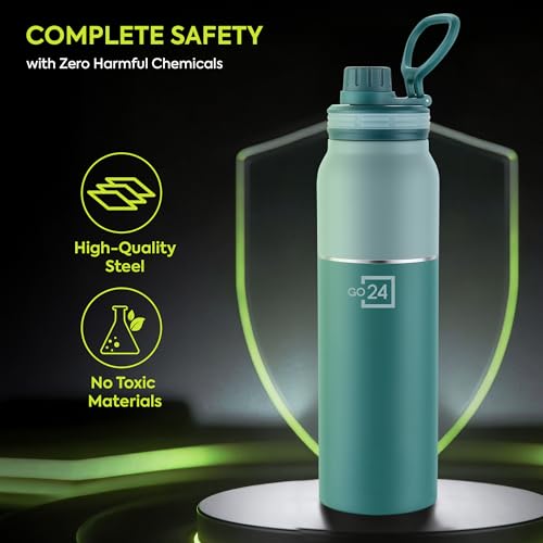 Image of Go24 pexpo Sipper Water Bottle 740ml ISI Certified Stainless Steel Flask with Sipper Cap | 3 Layer Insulation | 2-Year Warranty |for Home, Office, Gym, Travelling | BPA Free |Austin | Green