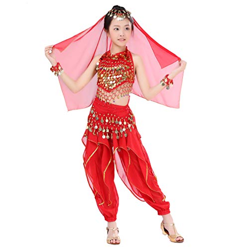 Girls Belly Dance Costume 6pcs Kit, Kids Arabian Princess Chiffon Clothes Indian Dance Performance Outfit (XL, Red)
