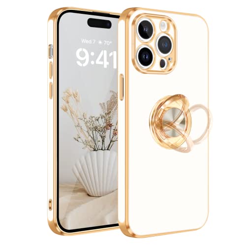 Coque iPhone 14 Pro avec anneau rotatif 360 antichoc blanc et or