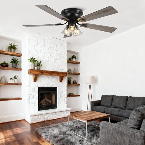 Image of Dawn Whisper 52 Inch Ceiling Fan with Light Flush Mount Classic Vintage Farmhouse Ceiling Fan with 3 E26 Covered Energy Efficient Light Bulbs Base