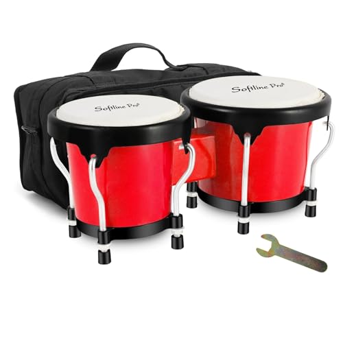 Image of Softline Pro Bongo Drum Set with Tuning Wrench & Padded Professional Wooden Percussion Instrument for Beginner Adults Kids - Natural Skin (RED ABS)
