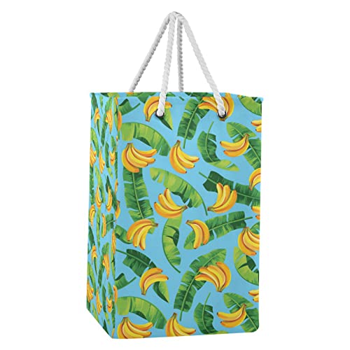 Poeticcity Seamless Green Banana Leaves and Bananas on Blue Collapsible Waterproof Laundry Hamper, Lightweight Washing Basket Bin Storage Organizer Bucket with Handles for Toys Clothes