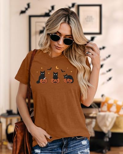 Halloween Shirts for Women: Embroidered Ghost Cat T-Shirt Spooky Season Tees Short Sleeve Casual Fall Tops3