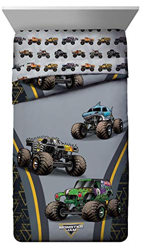 Image of Jay franco Monster Jam MJ Life 4 Piece Twin Bed Set-Includes Reversible Comforter&Sheet Set-Bedding Features Grave Digger, Max-D, Megalodon-Super Soft Microfiber-(Official Monster Jam Product)