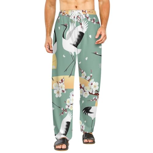 Fleurs d'oiseaux blancs bas de pyjama femme long pantalon vêtement de nuit fluide taille S
