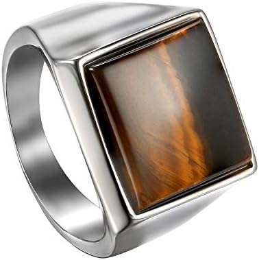 OIDEA Bikers Polished Stainless Steel Imitation Tiger Eye Signet Statement Rings