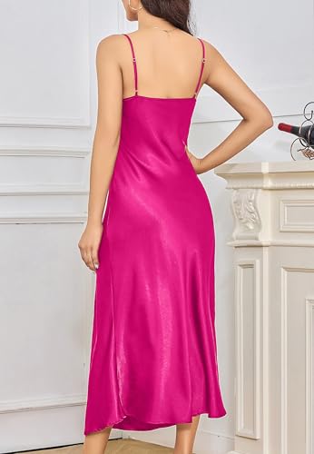Image of ALCEA ROSEA Women's Long Satin Slip Dress Nightgowns Sexy Lingerie Adjustable Strap Midi Dress Silky Gown V Neck Under Dress