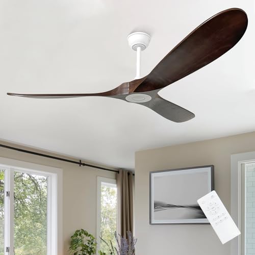 Image of 60 inch Ceiling Fan without Light,3 Solid Wood Blades Dark Walnut Finished,Outdoor Ceiling Fan for Living Room,Patio,Porch(White+Dark Walnut)
