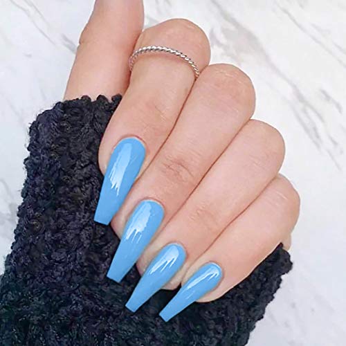 Brishow Bara Unghie finte Colore puro lunghe Ballerina Stick lucido su unghie Copertura completa Suggerimenti per unghie finte acriliche per donne e ragazze (blu)