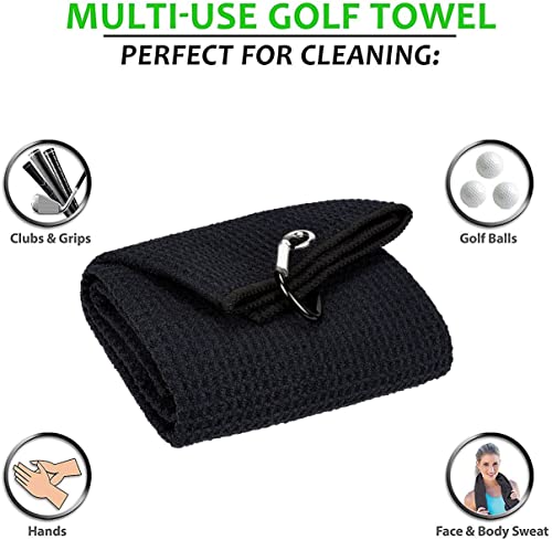 Aebor Golf Towels, Microfiber Waffle Pattern Tri-Fold Golf Towel - Brush Tool Kit With Club Groove Cleaner, With Clip Men Women Golf Gifts (Black Towel+Black Brush) #TOP1