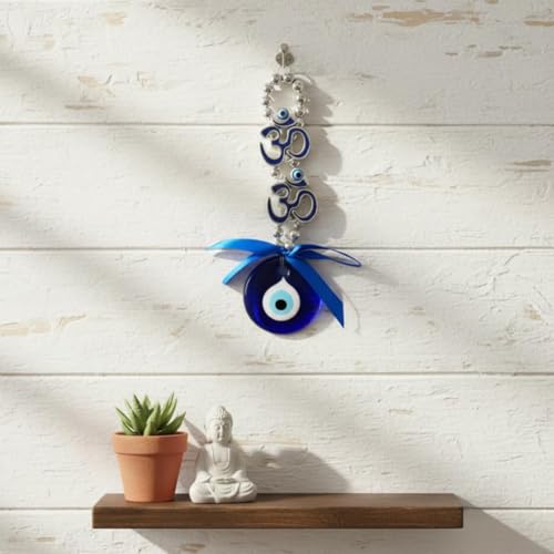 Image of BLUE BEADS Turkish Feng Shui Vastu Blue Glass Evil Eye Hanging /Door Hanging Nazar Batu for Protection and Good Luck - Perfect for Gifting Home or Office (Double Om)
