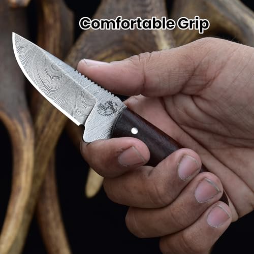 Knives Ranch 5.5" Handmade Damascus Steel EDC Knife, Full Tang Fixed Blade, Rosewood Handle - Horizontal Carry Genuine Leather Sheath - Belt Knife - Razor Sharp Compact Hunting & Utility Knife by Knives Ranch - Used condition - Image 6