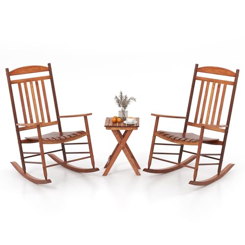 Tangkula 3-piece Outdoor Poplar Wood Rocking Bistro Set High Back Front Porch Rocker Chairs Conversation Set with Folding Coffee Table and Armrests Outdoor Patio Furniture Set for Balcony Backyard