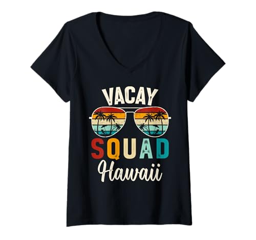 Femme Vacay Squad Hawaii Vibes Lunettes de Soleil drôles Crew pour Voyage à la Plage T-Shirt avec Col en V