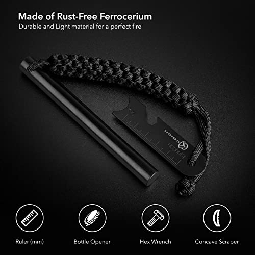 Kobragear Emergency Magnesium Fire Starter Ferrocerium Ferro Rod 5 Inch X ½ Inch With Survival Paracord Lanyard And Steel Multitool Striker (Black Hawk) #TOP4