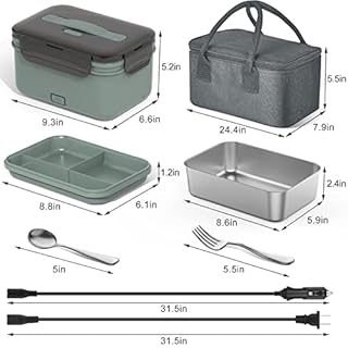 Vingud Electric Lunch Box 100W, 4 in 1 Heated Lunch Box for Adults, Portable Heating Lunch Box for Work/Car/Truck, with 1.8L Stainless Steel Container, 12V 24V 110V 220V, Green Grey
