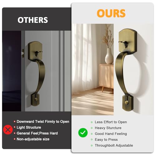 Image of Probrico Antique Brass Front Door Handle, Heavy Duty Entry Door Handle with Interior Reversible Handed Lever, Lock Grip Handle with Wave Lever Keyless Door Locks, 1Pack