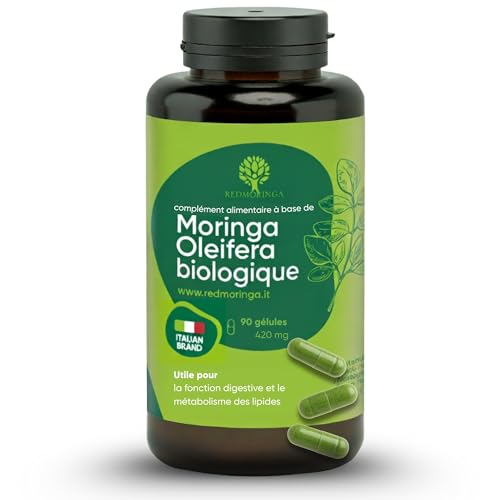 Moringa Bio | La seule Moringa Biologique produite en Italie | Véganes sans Additifs | Super Antioxydant riche en Vitamines et Protéines Végétales | Haute Qualité RedMoringa | 90 Gélules