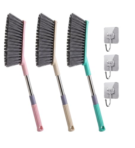 YDAKGUEY Soft Bristle Hand Brush 3 Pcs Hand Brush with 3 Hooks Soft Hand Brushes with Handles for Household Cleaning and Dusting Brickwork Office Use (Pink+Green+Yellow)