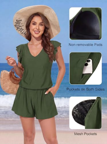 Image of Smismivo Swim Romper with Built in Bra and Pockets Swim Dress Modest One Piece Swimsuit Full Coverage Bathing Suit