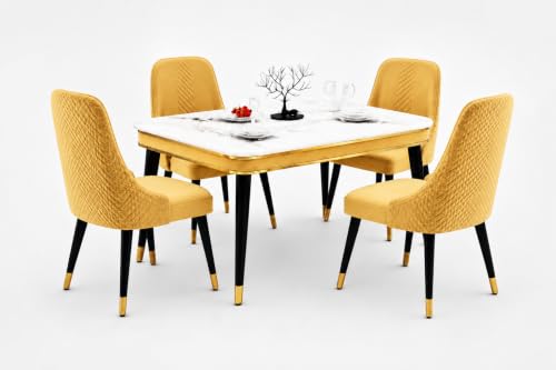 Image of WOODEN SPACE Majestic 4 Seater Wooden Dining Table Set | Urban Marble Top Dining Table with Chairs for Dining Room & Kitchen (Modern Vento Yellow) (54 x 36 x 30 inch)
