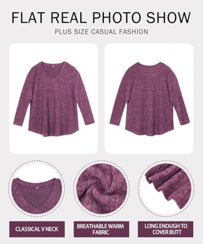 Image of RITERA Plus Size Sweater, Ribbed Long Sleeve Solid Top for Women | Soft vertical ribbed knit, modest V neck, loose long sleeves, curved swing hem, slimming casual layering top for curvy women