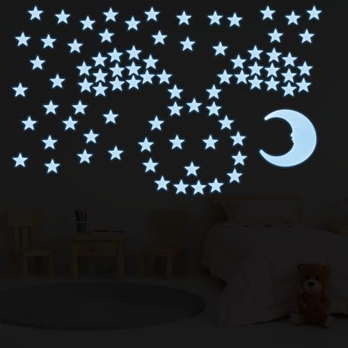 100 Sterne & 1 Mond Leuchtende Sterne für die Decke, Pink Leuchtende Wandaufkleber mit Klebepads, Plastikleuchtende Fluoreszierende 3D Leuchtsterne für Kinderzimmer Dekor
