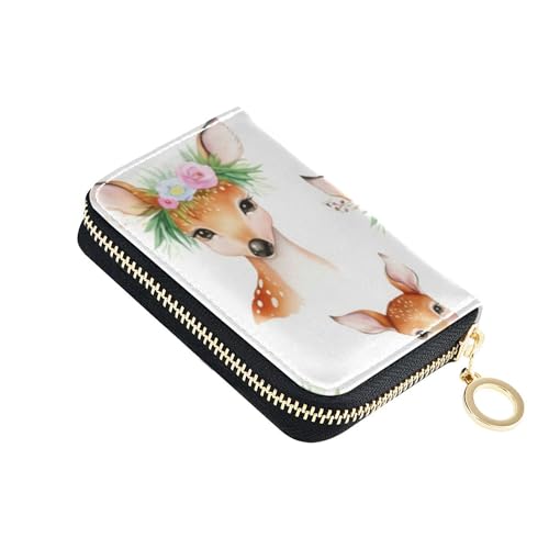 GAIGEO Cute Deer Florals White Animal Wallets for Women Leather RFID Blocking Credit Card Holders Minimalist Zipper Change Purse with Key Ring