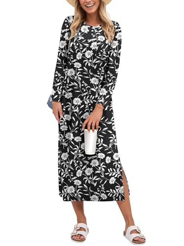 ANRABESS Womens 3/4 Sleeve Striped Slit Midi T Shirt Dresses 2026 Summer Casual Beach Vacation Clothes Spring Travel Sundress Floral Black Large