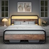 Catrimown Full Size Bed Frame with LED Lights, Heavy Duty Metal Rustic Platform Bed Frame Full Size, with Headboard, Under Bed Storage, Noise Free, No Box Spring Needed, Rustic Brown