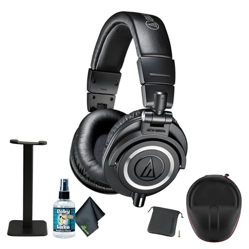 Audio-Technica ATH-M50x Professional Studio Monitor Headphones, Black + Microfiber Cleaning Cloth + Headphone Stand + Headphone CASE + Goby Labs Headphone Cleaner 4 fl oz