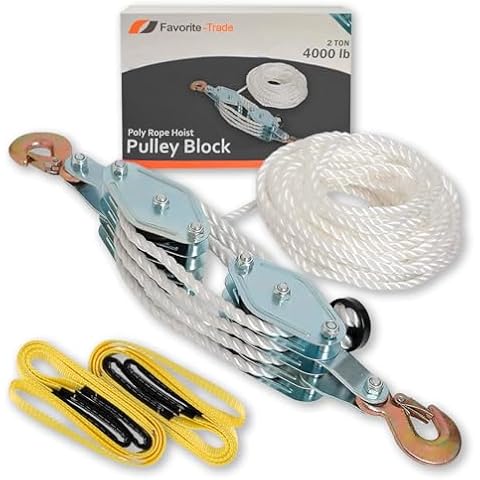 Favorite-Trade Poly Rope Hoist Pulley Block, 4000 LB 2 Ton 65 Feet of 3/8 “, 7:1 Lifting Power, Pulley Hoist For Lift Furniture, Motorcycles, Bicycles (Pulley Block with 2 Straps) Cover