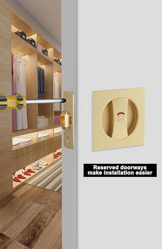 Image of Goldenwarm Brushed Gold Pocket Door Locks for Bathroom with Indicators, Square Pocket Door Hardware for Pocket Door, Gold Sliding Pocket Door Handles 2-3 /8 inch Latch 1 Pack