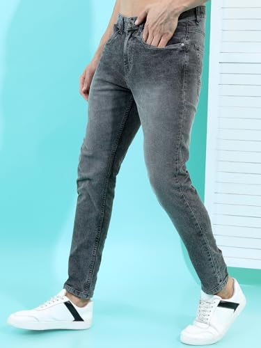 Image of Highlander Mens Tapered Fit Denim Jeans for Man |Jeans Pant Cropped Length|Mid-Rise|Stylish Casual Wear with Stretchable Fabric
