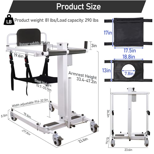 Electric Patient Lift Transfer Chair - Portable Foldable Mobility Aid with Commode Toilet Seat for Seniors, Elderly, and Adults, Ideal for Home Use, Travel, and Senior Living