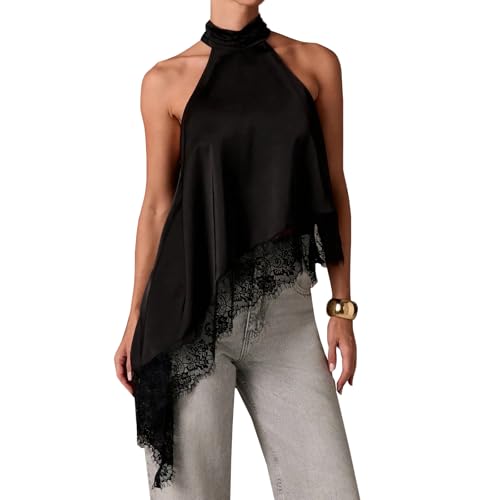 Image of RUINIXCW Women's Y2k Halter Mock Neck Sleeveless Top Sexy Asymmetrical Satin Lace Trim Tank Top Backless Going Out Tops (Black, M)