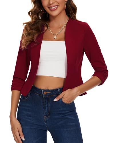 Womens Cropped Blazer 3/4 Ruched Sleeve Casual Work Office Suit Jacket Open Front Lightweight Collarless Blazers, Wine Red, L2