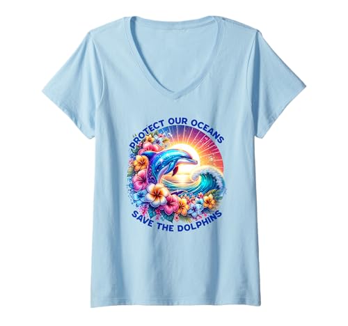 Mujer Proteger nuestros océanos, salvar a los delfines Eco Awareness Art Camiseta Cuello V