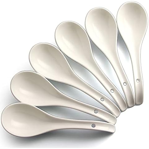 AOOSY Soup Spoons, 6.75 inch Ceramic Chinese Soup Spoons, Asian Soup Spoons, Bright White Japanese Spoon Large for Ramen Pho Cereal,Wonton Dumpling Miso, Set of 6(White) Cover