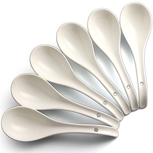 AOOSY cucharas de sopa, 6.75 pulgadas de cerámica cucharas de sopa china, cucharas de sopa asiática, blanco brillante cuchara japonesa grande para Ramen Pho Cereal, Juego de 6 (Blanco) Cover